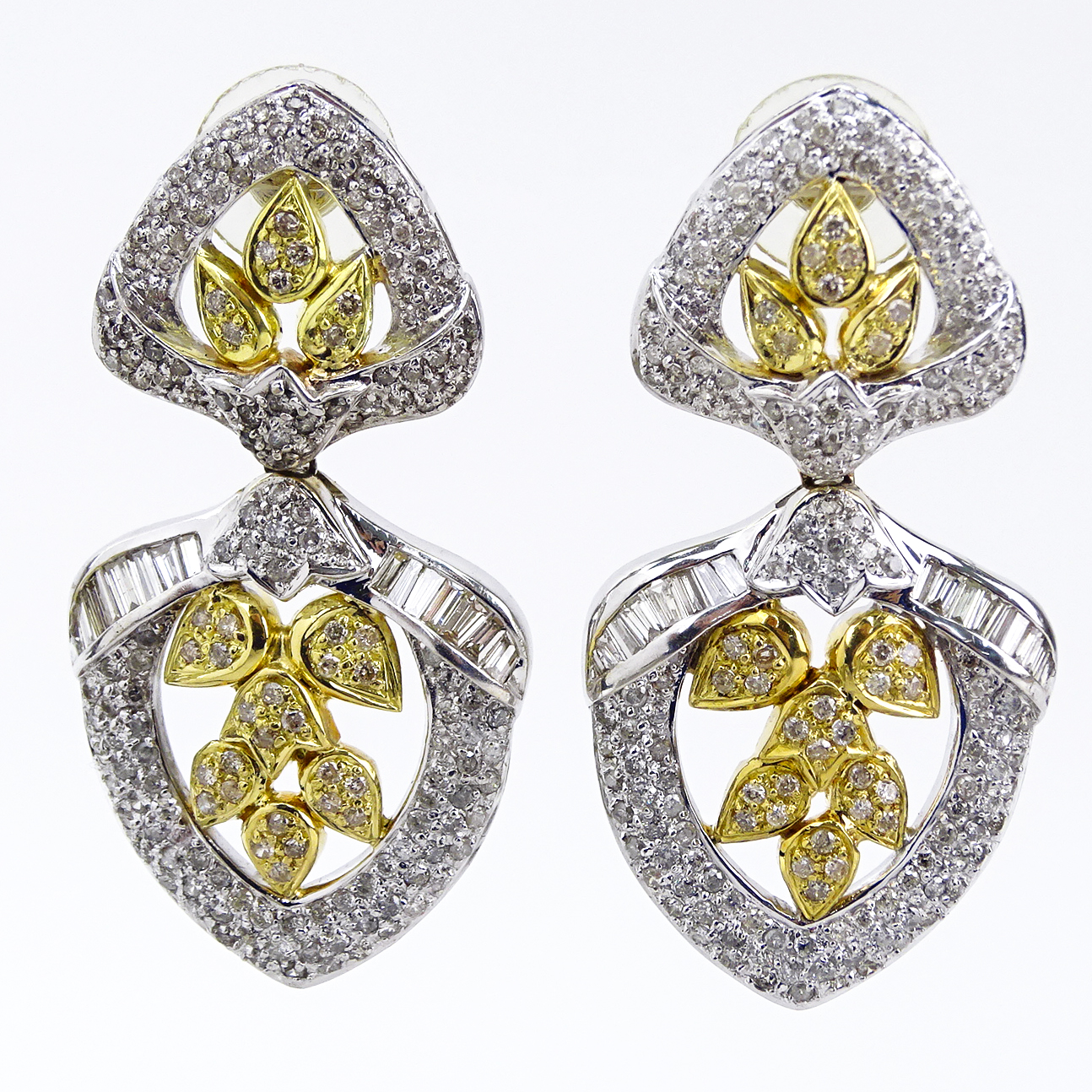 Pave Set Round Cut and Baguette Diamond and 18 Karat White and Yellow Gold Pendant Earrings