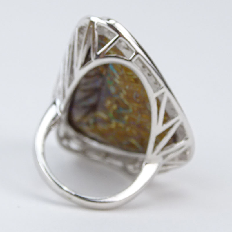 Large Black Opal and 18 Karat White Gold Ring with Diamond Bezel