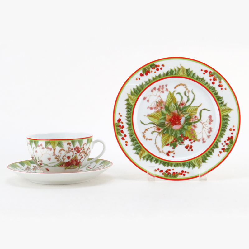 Hermes Le Jardin de Pythagore Porcelain Breakfast Cup, Saucer, and Dessert Salad Plate Set