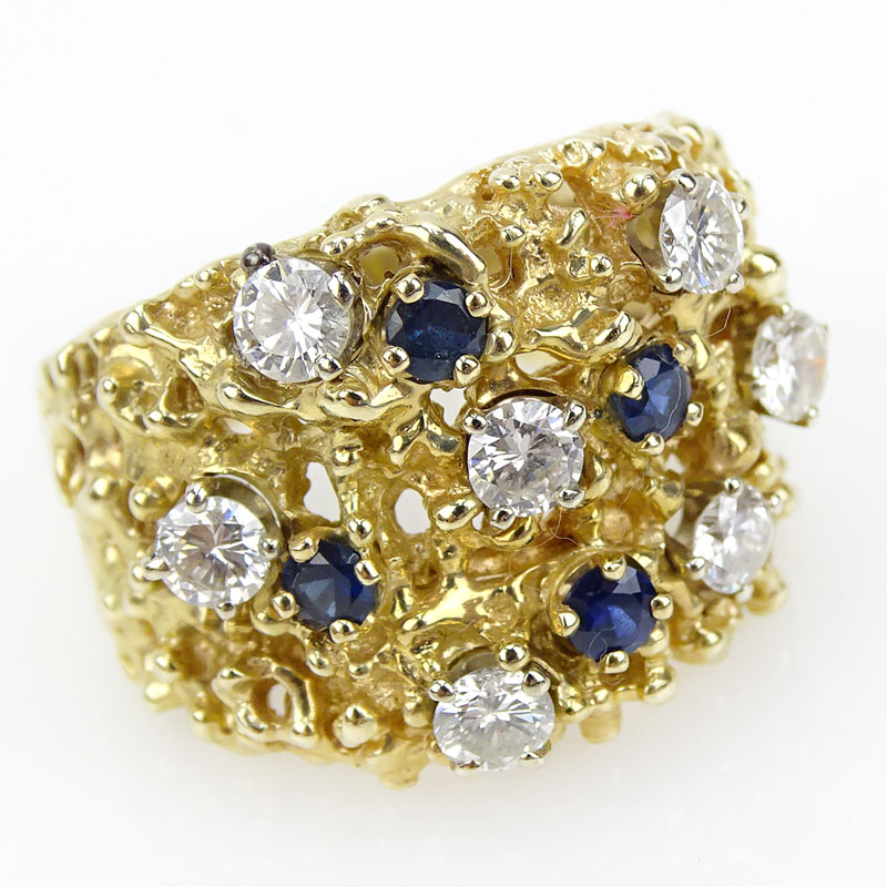 Lady's Vintage Sapphire, Diamond and 14 Karat Yellow Gold Nugget style Ring