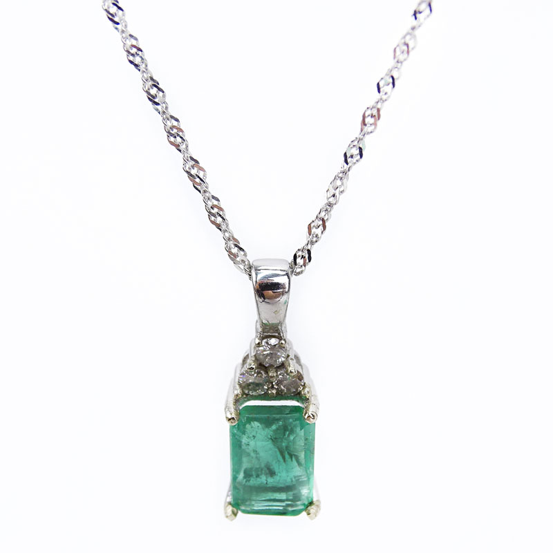 1.0 Carat Emerald, .10 Carat Diamond and 14 Karat White Gold Pendant Necklace.