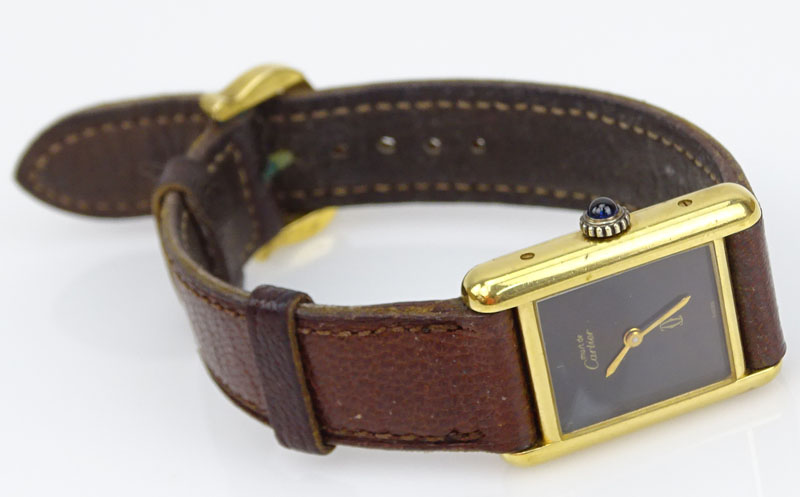 1977 Must de Cartier Women's 18k Gold Plated Tortoise Tank Wristwatch With Leather Strap