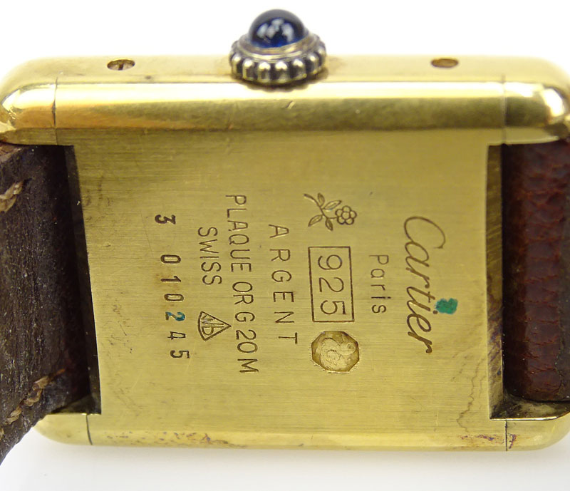 1977 Must de Cartier Women's 18k Gold Plated Tortoise Tank Wristwatch With Leather Strap