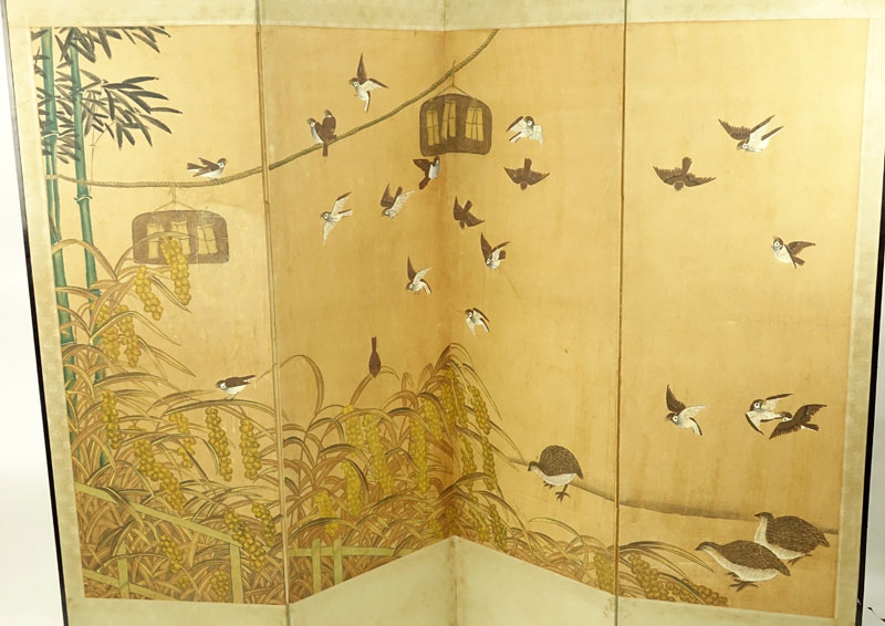 Vintage Japanese Four (4) Panel Paper, Fabric and Wood Screen