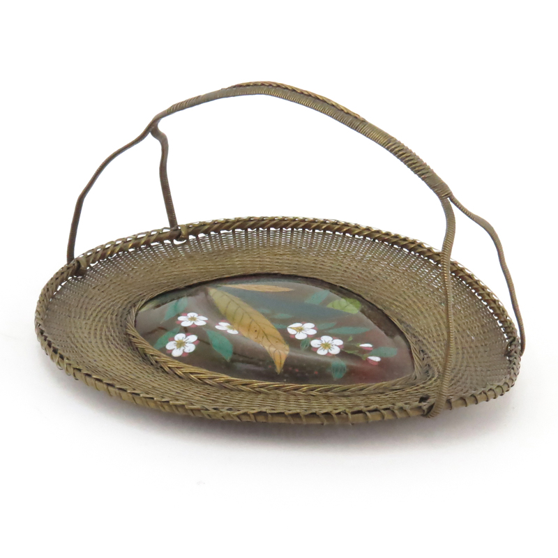 Vintage Chinese Woven Brass and Cloisonne Basket