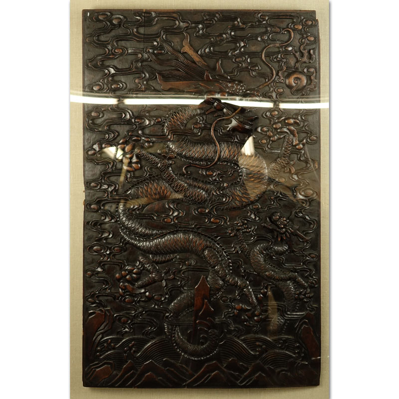 Possibly 19th Century Chinese Deep Relief Carved Wood Panel In Shadowbox Frame