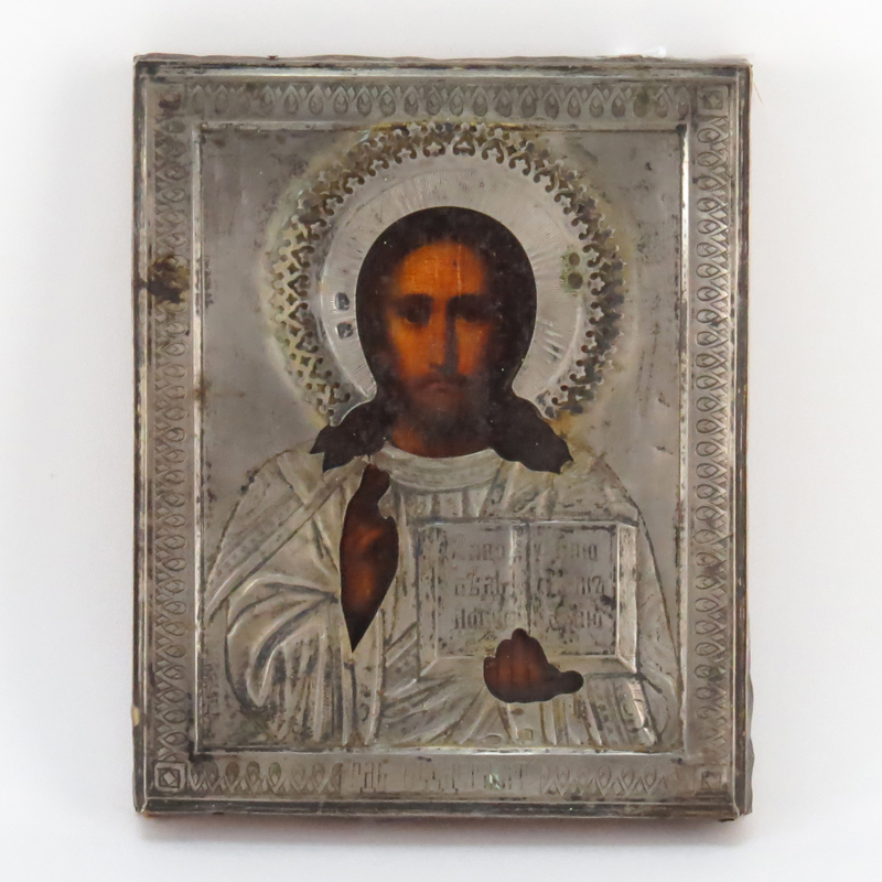 19th Century Russian Hand Painted Wood With Silver Overlay Icon