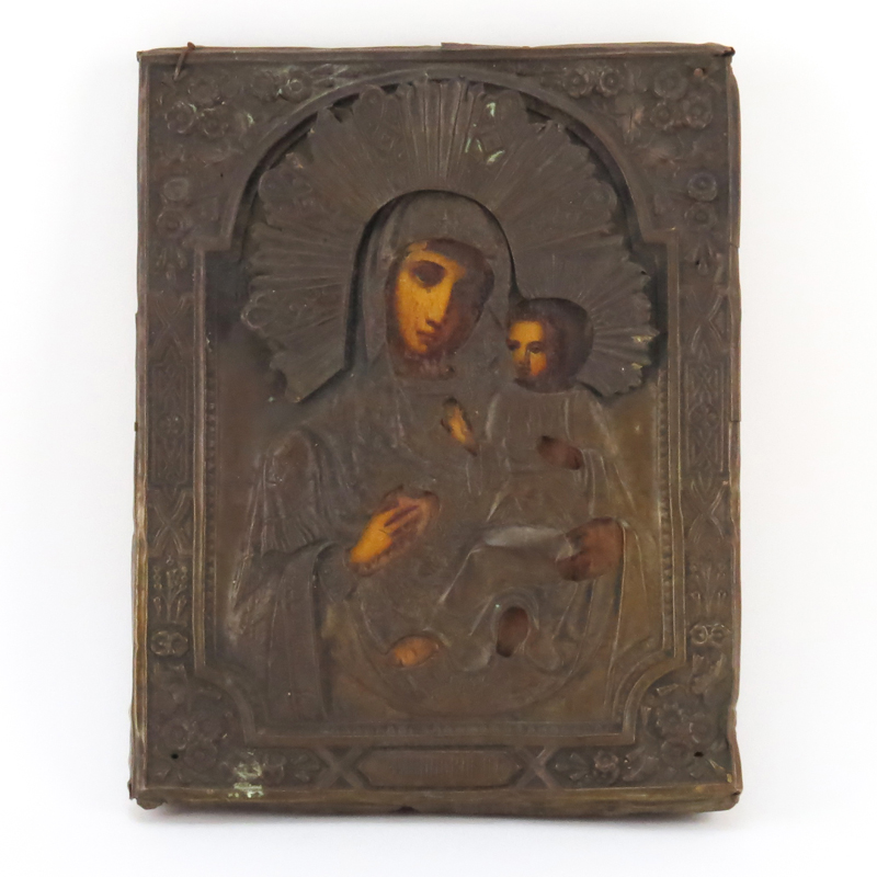 19th Century Russian Hand Painted Wood With Copper Overlay Icon