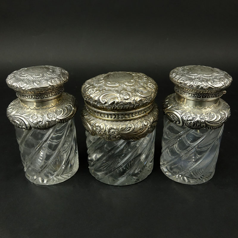 Three (3) Antique Repousse Sterling Silver and Swirl Glass Dresser-ware