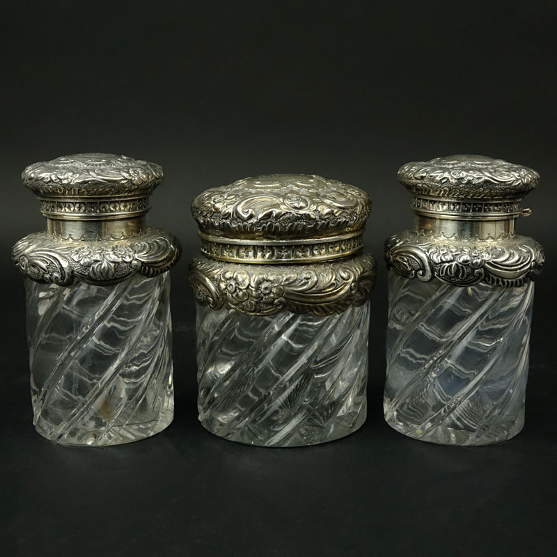 Three (3) Antique Repousse Sterling Silver and Swirl Glass Dresser-ware
