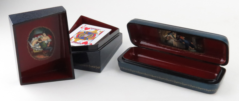 Russian "Erotica" Lacquered Playing Card Box and Eye Glass Case