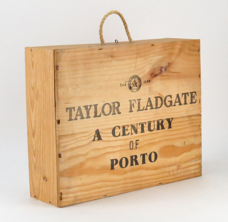 Four (4) Taylor Fladgate Port Wine Bottles on Wooden Case