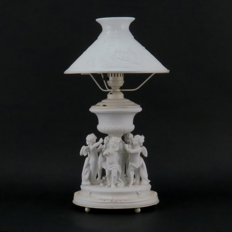 Vintage Bisque Porcelain Figural Lamp With Lithopane Shade