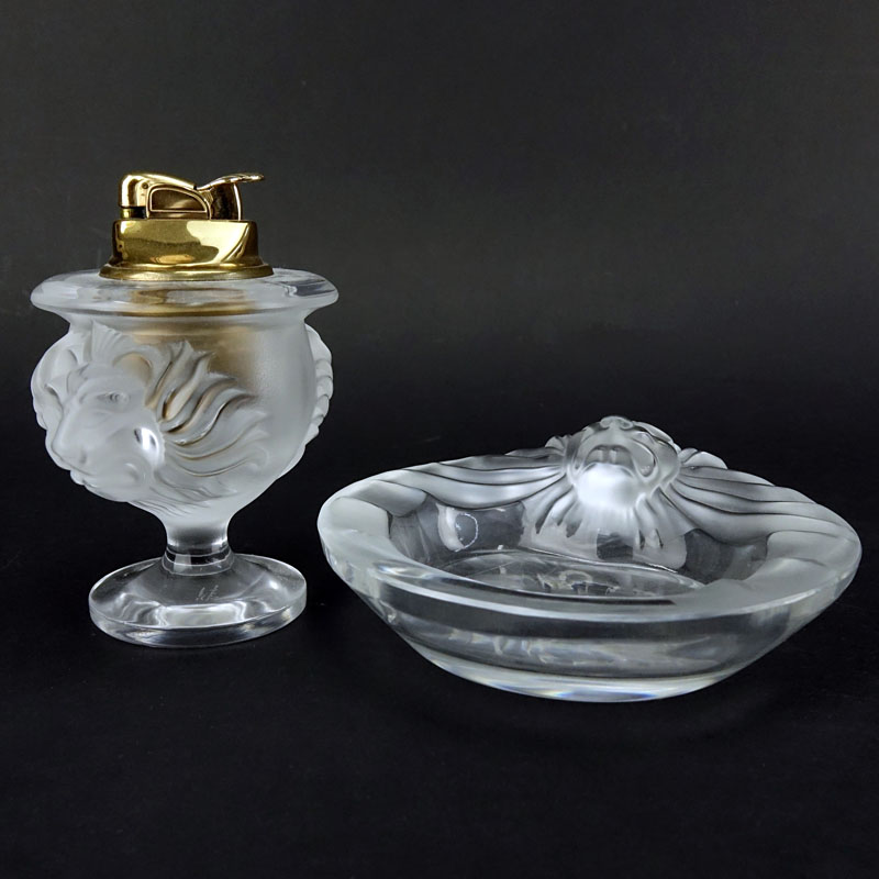 Two (2) Piece Lalique "Tete De Lion" Crystal Smoking Set