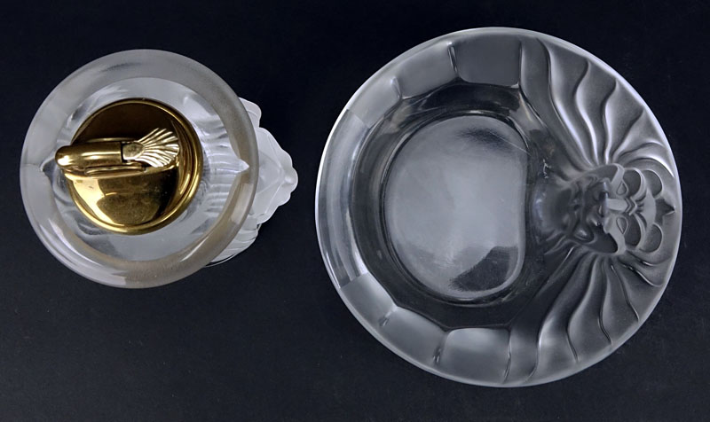 Two (2) Piece Lalique "Tete De Lion" Crystal Smoking Set