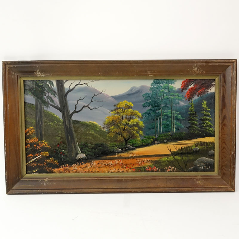 Iva Prince, American (20th C) Two oil on board regional Tennessee paintings "Wild Indian Trail, Gatlinburg", "Motor Nature Trail (Summer)" Signed and dated Prince 1971, inscribed en verso