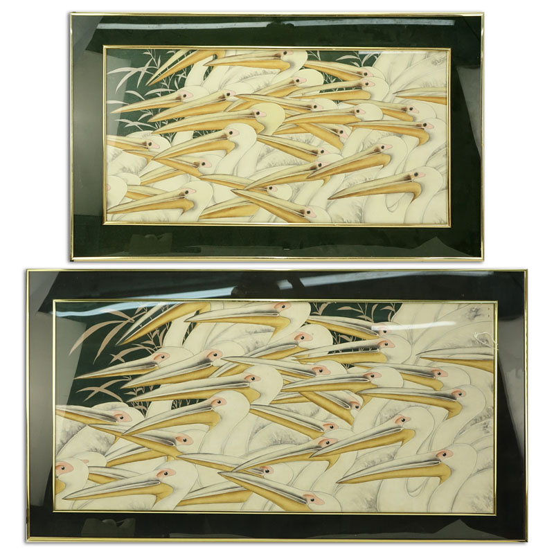 Pair Of Decorative Framed Prints "Herons" Unsigned