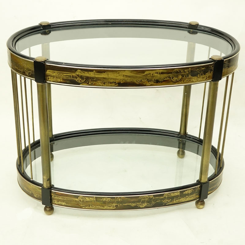 Bernhard Rohne (Mastercraft) Etched Brass Oval Glass Top Table