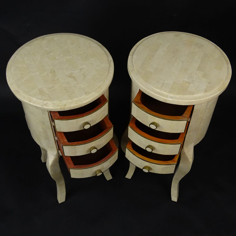In the Manner of Maitland and Smith: Pair of Tessellated Marble and Brass Round Tables