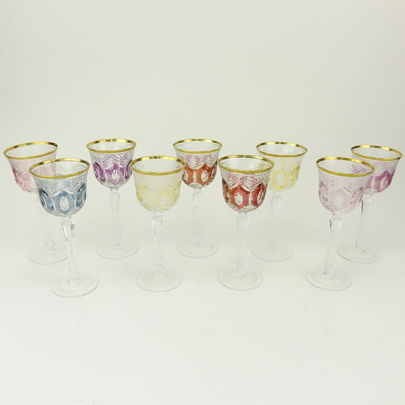 Nine (9) Antique French Cut Crystal Overlay Stemware