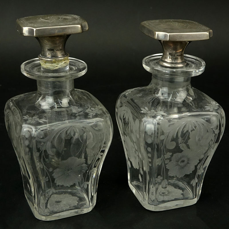 Pair of Gorham Art Deco Sterling Silver and Etched Crystal Perfume Bottles