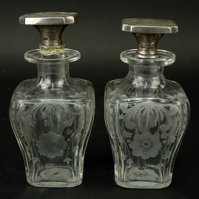 Pair of Gorham Art Deco Sterling Silver and Etched Crystal Perfume Bottles