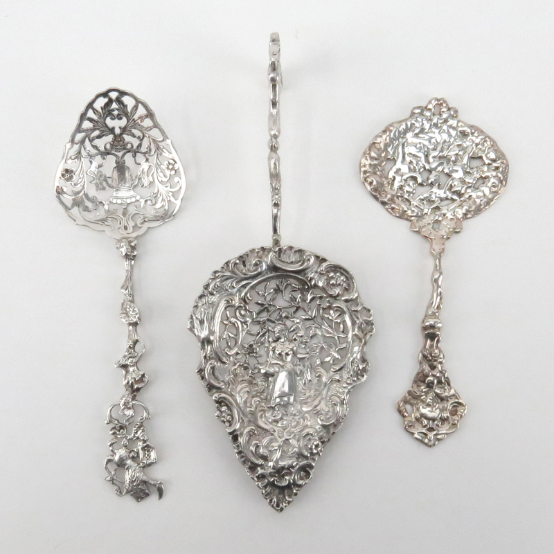 Grouping of Three (3) Antique Repousse Sterling Silver Open Work Figural Relief Tableware