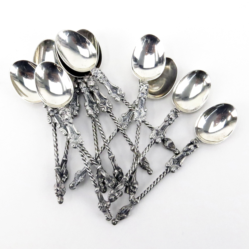 Twelve (12) Sterling Silver Victorian Style Repousse Apostle Spoons