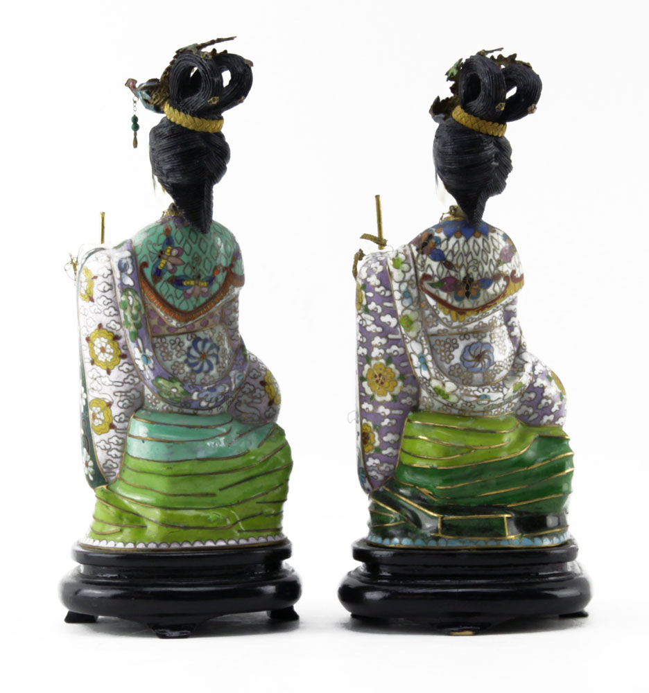 Pair of 20th Century Japanese Cloisonné Geisha Figurines on Wooden Base