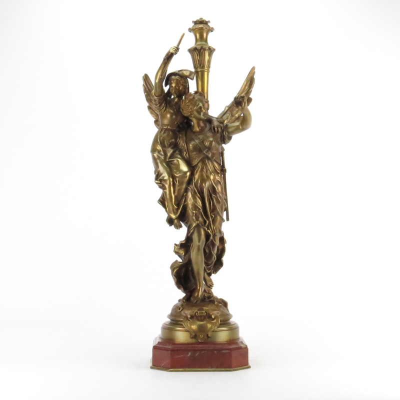 Charles Anfrie, French  (1833-1905) "Èspérance" Bronze Figural Grouping on Rouge Marble Base