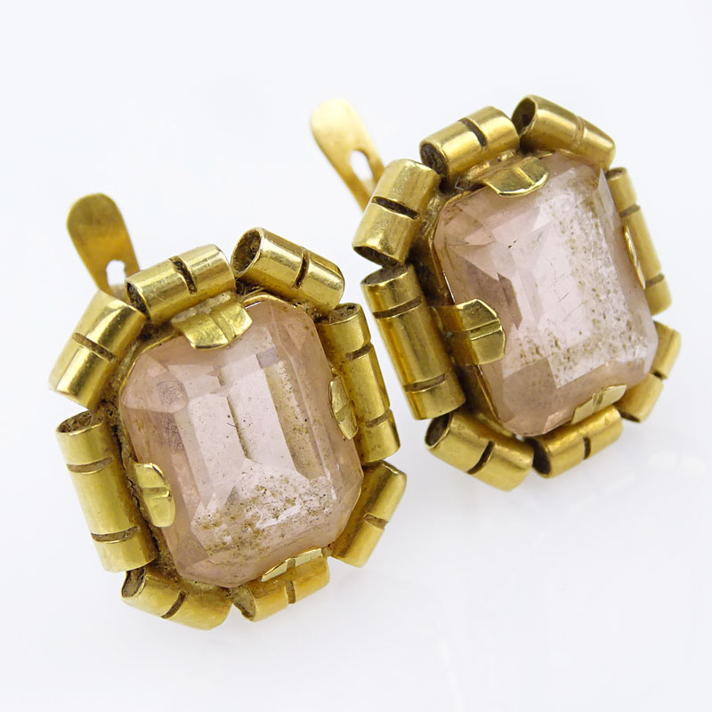 Pair of Antique 18 Karat Yellow Gold and Rose Quartz Earrings