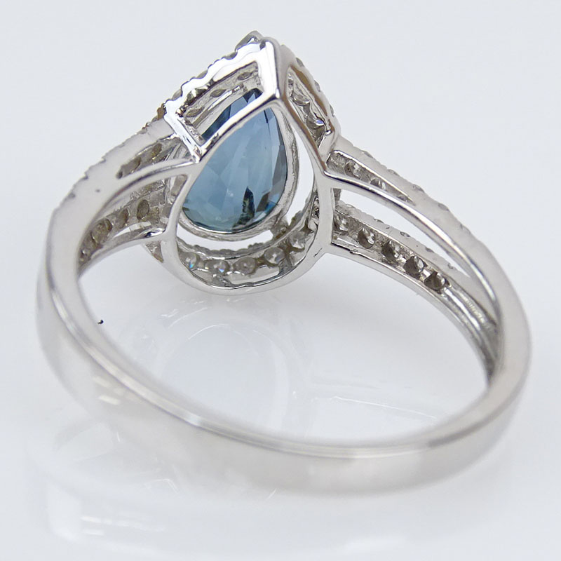 1.90 Carat Pear Shape Natural Unheated Greenish Blue Sapphire, Micro Pave Set Diamond and 14 Karat White Gold Ring
