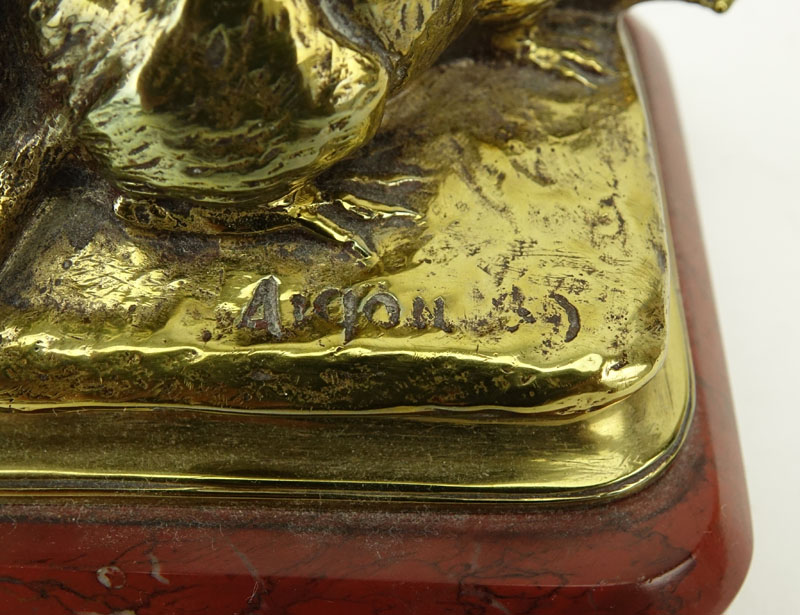 Antonin Aigon, France (1837-1885) "Les Deux Rats et L'oeuf" Bronze Inkwell on Marble Base