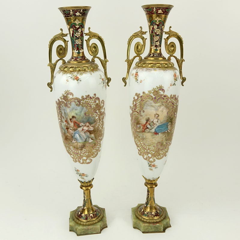 Pair Probably Sevres Hand Painted Porcelain Champleve Decorated Bronze Mounted Urns