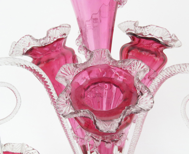 Victorian Style Cranberry to Clear Art Glass Flower Epergne