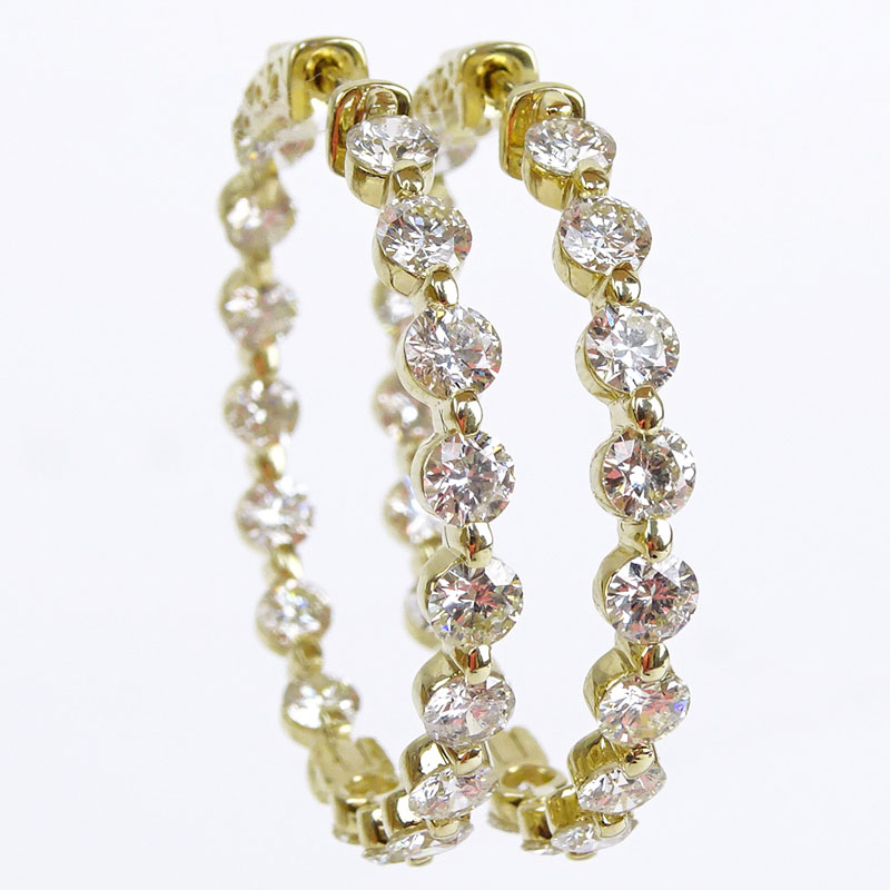 7.50 Carat Round Brilliant Cut Diamond and 14 Karat Yellow Gold In and Out Hoop Earrings.