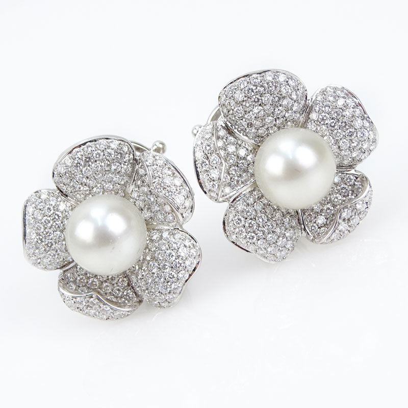  7.50 Carat Pave Set Diamond, South Sea Pearl and 18 Karat White Gold Flower Earrings. 