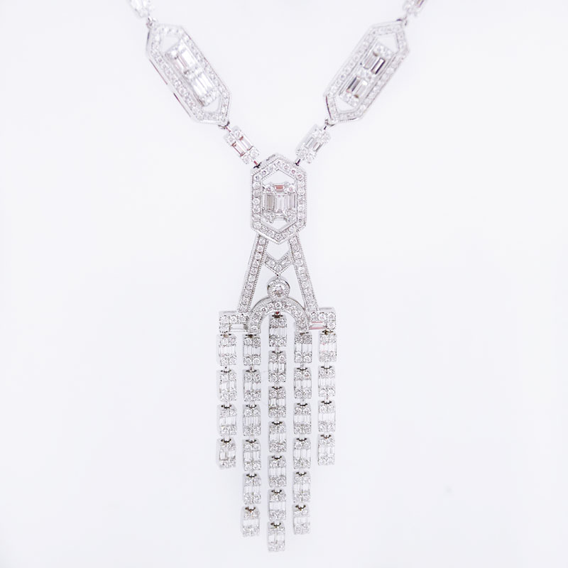 10.0 Carat Baguette and Round Brilliant Cut Diamond and 18 Karat White Gold Pendant Necklace.