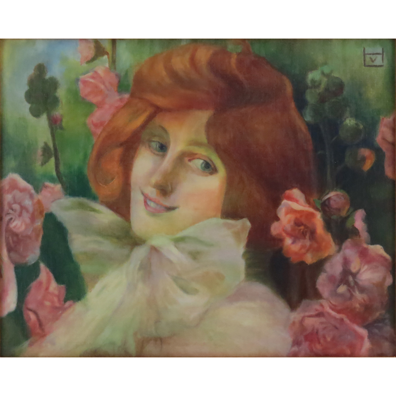 Attributed to: Ludwig von Hofmann, German (1861-1945) Oil on Artist Board, Girl with Flowers
