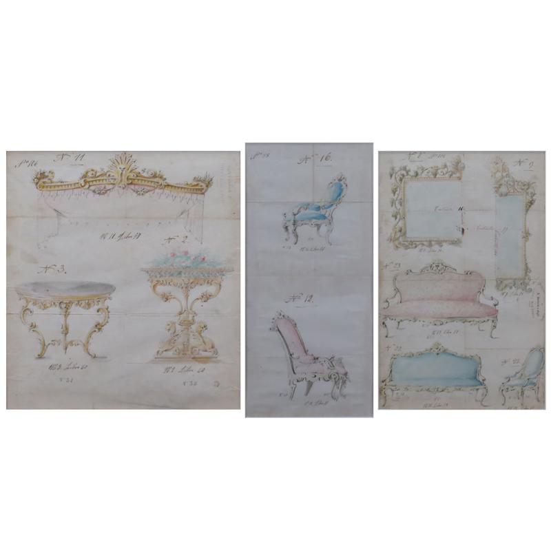 19th Century Italian Pencil, Ink and Watercolors On Paper "Furniture Designs From Florence"