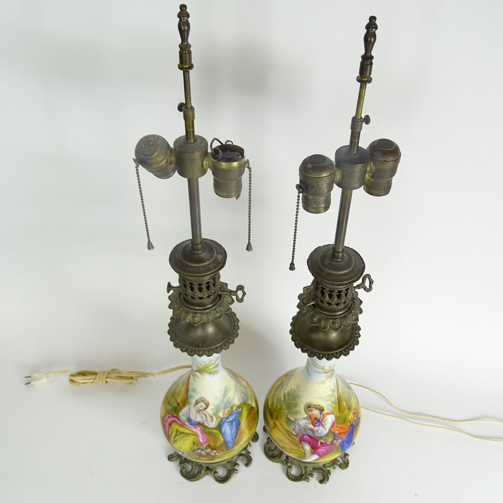 Pair of Vintage French Hand Painted Porcelain and Bronze Lamps