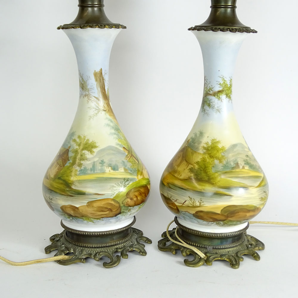 Pair of Vintage French Hand Painted Porcelain and Bronze Lamps