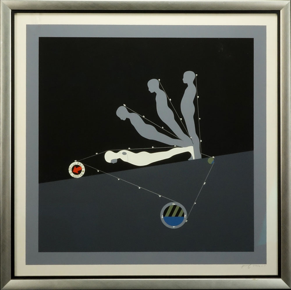 Ernest Trova, American (1927-2009) Color Silkscreen "Falling Man" on Linen Paper Signed and Dated 1967 Lower Right