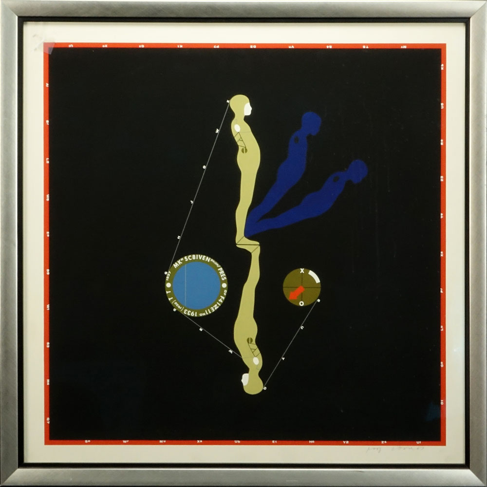 Ernest Trova, American (1927-2009) Color Silkscreen "Falling Man" on Linen Paper Signed and Dated 1967 Lower Right