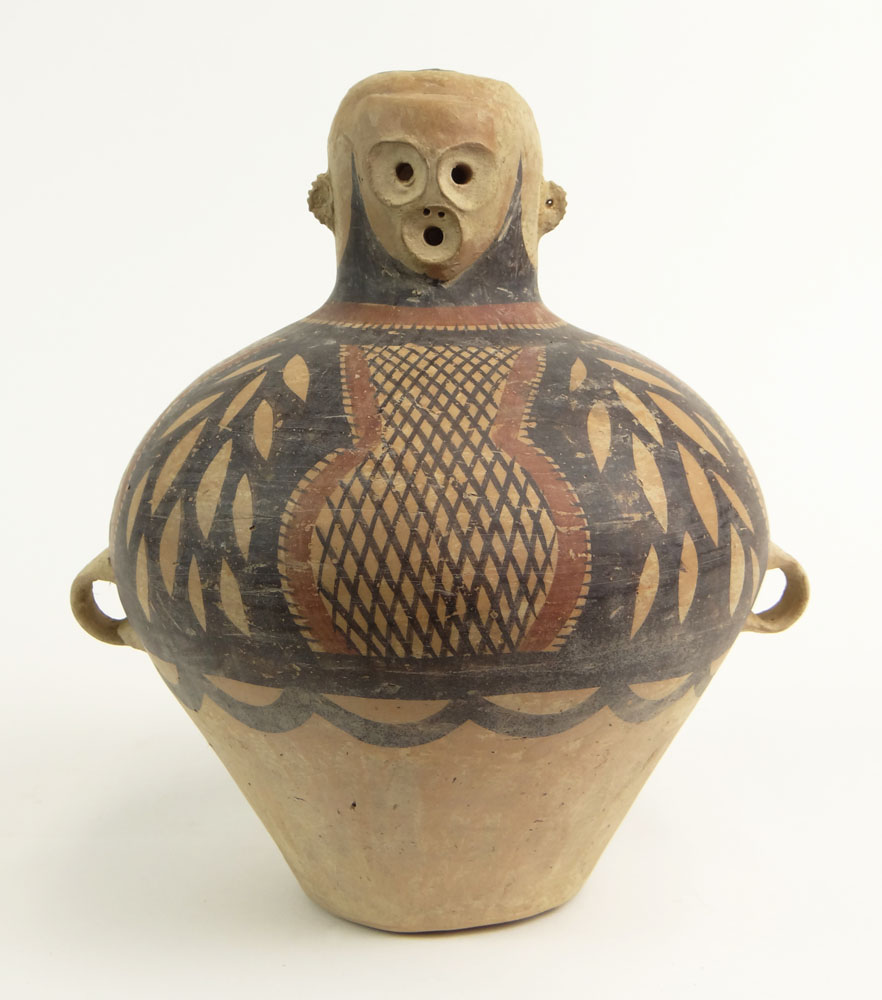 Antique Pottery Vessel with Red and Black Decoration, Loop Handles and Stylized Head to Neck
