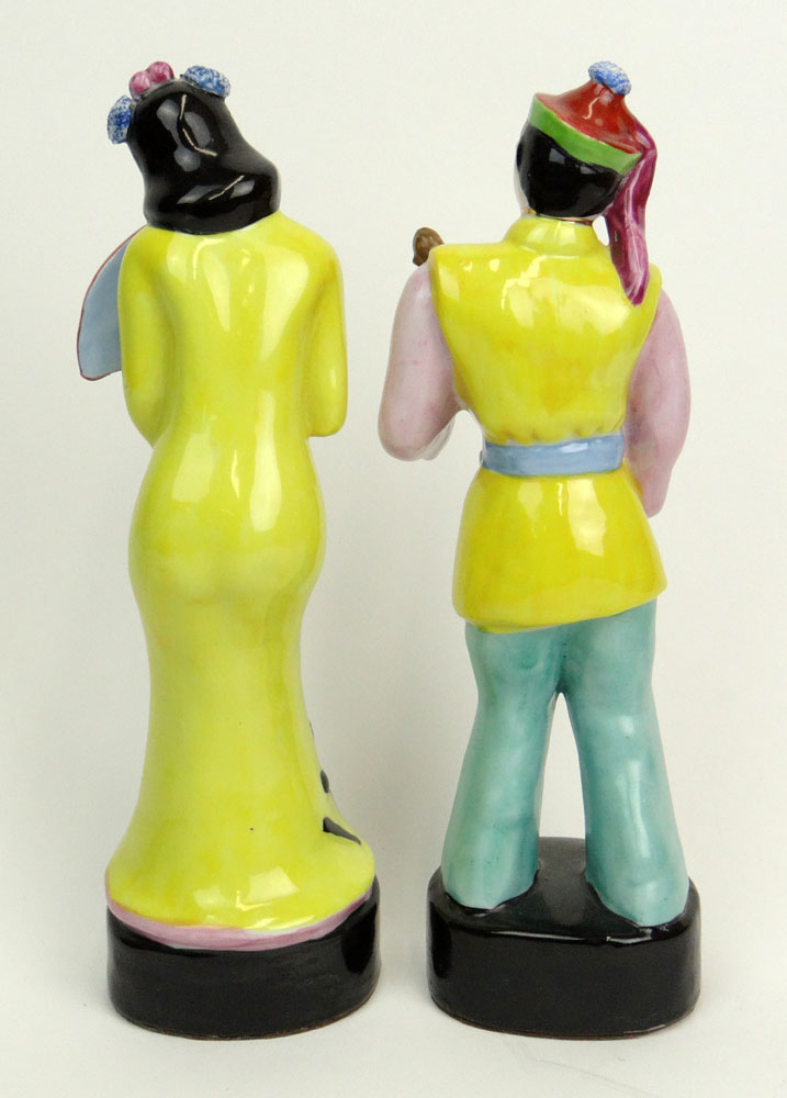 Pair of Retro Chinese Hollywood Regency Style Porcelain Figural Groups of Young Girl with Fan and Young Boy with Instrument