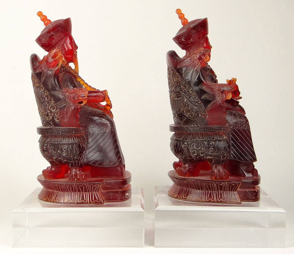 Large Pair Vintage Chinese Cherry Amber Style Emperor and Empress Figurines on Lucite Bases