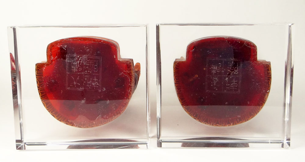 Large Pair Vintage Chinese Cherry Amber Style Emperor and Empress Figurines on Lucite Bases