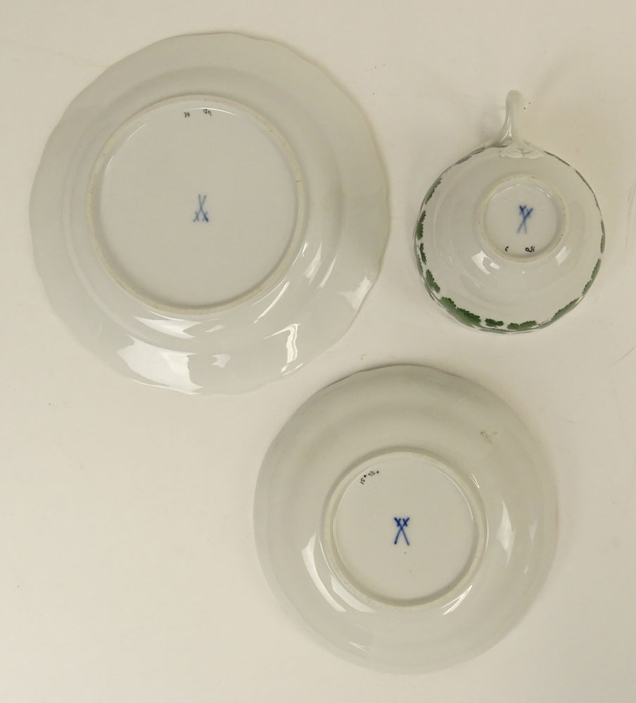 Three (3) Piece Lot Antique Meissen Green Vine Cup, Saucer and Cake Plate Set