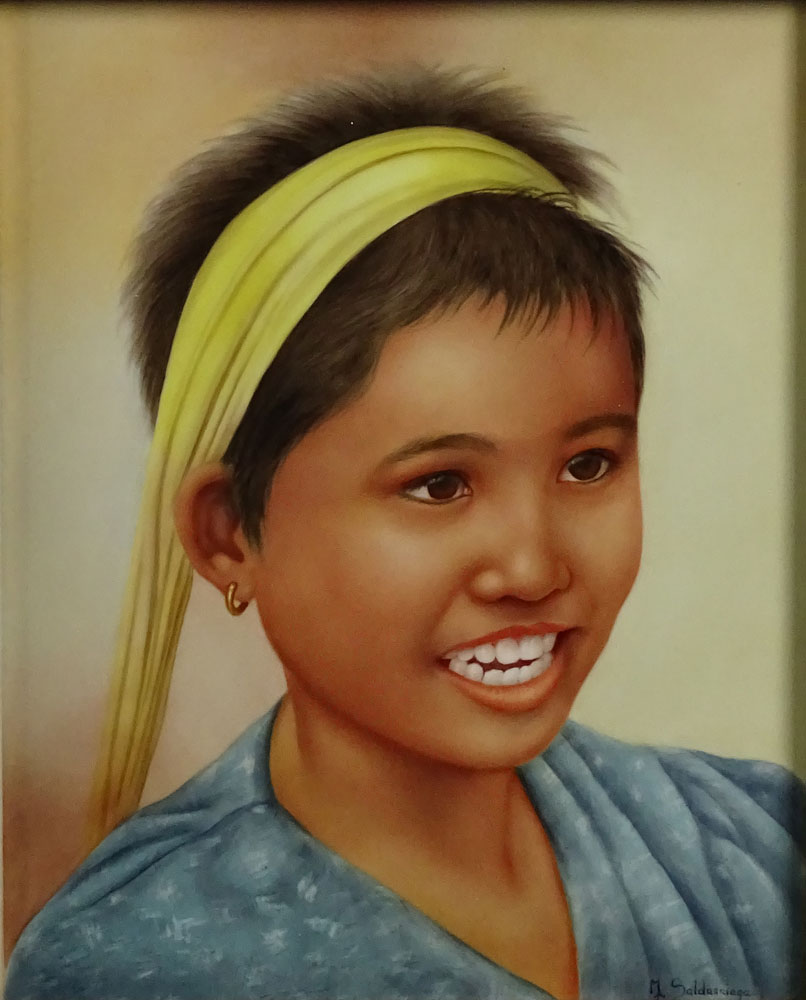 Maria Teresa Saldarriaga, American  (1954 - ) Contemporary Hand Painted Porcelain Plaque "Young Girl With Headband" Signed M